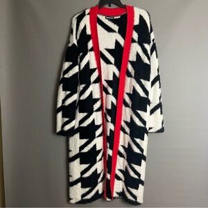 Stylish Black and White Cardigan with Red Accents